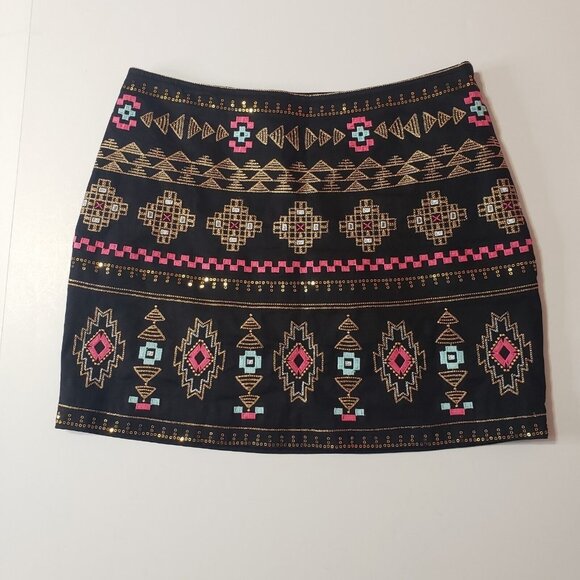 Miami Brand Embroidered Tribal Print Mini Skirt Women’s Medium Black Multicolor - Picture 14 of 16